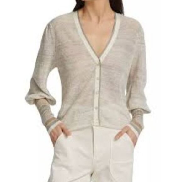 Veronica Beard Mott Linen Cardigan Beige Gray XS Designer Contrast Trim Ribbed - Picture 2 of 16